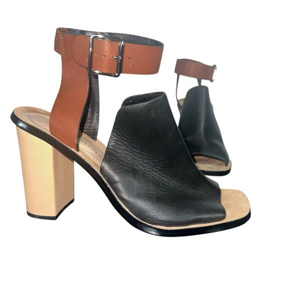 Loeffler Randall ColorBlock Leather Heels Sz 9.5 Black Brown Ankle Strap Sandals - Picture 1 of 13